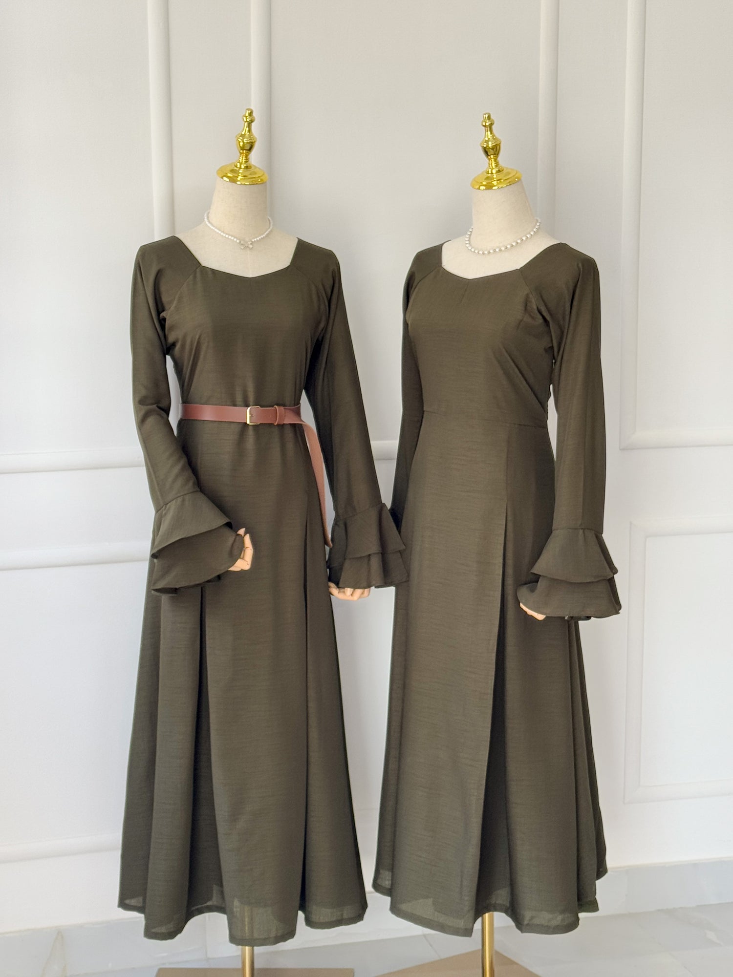 Olive Long Dress with Ruffled Sleeves