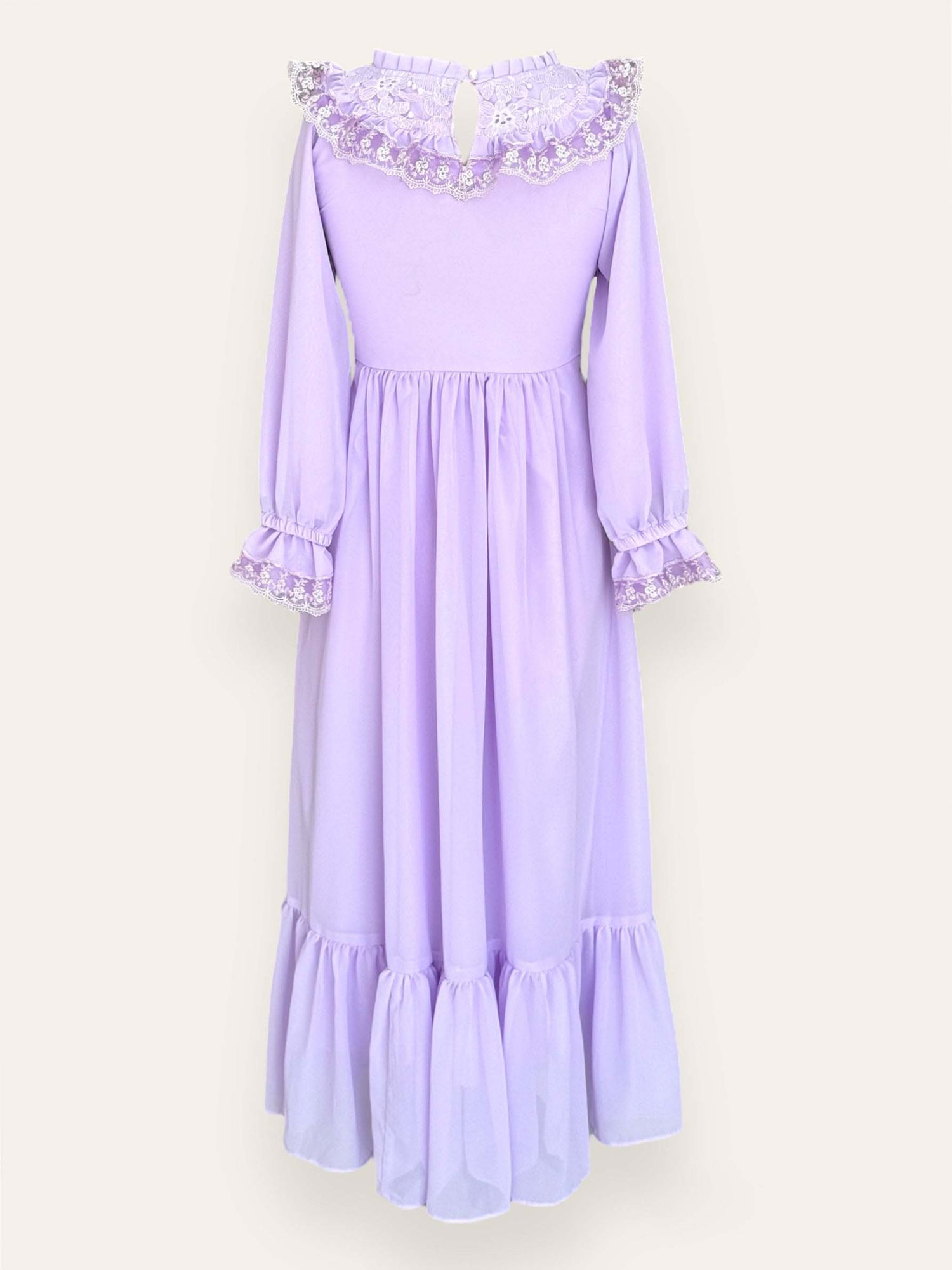 Elegant Iris Lilac Dress with Lace Adorned High Neckline