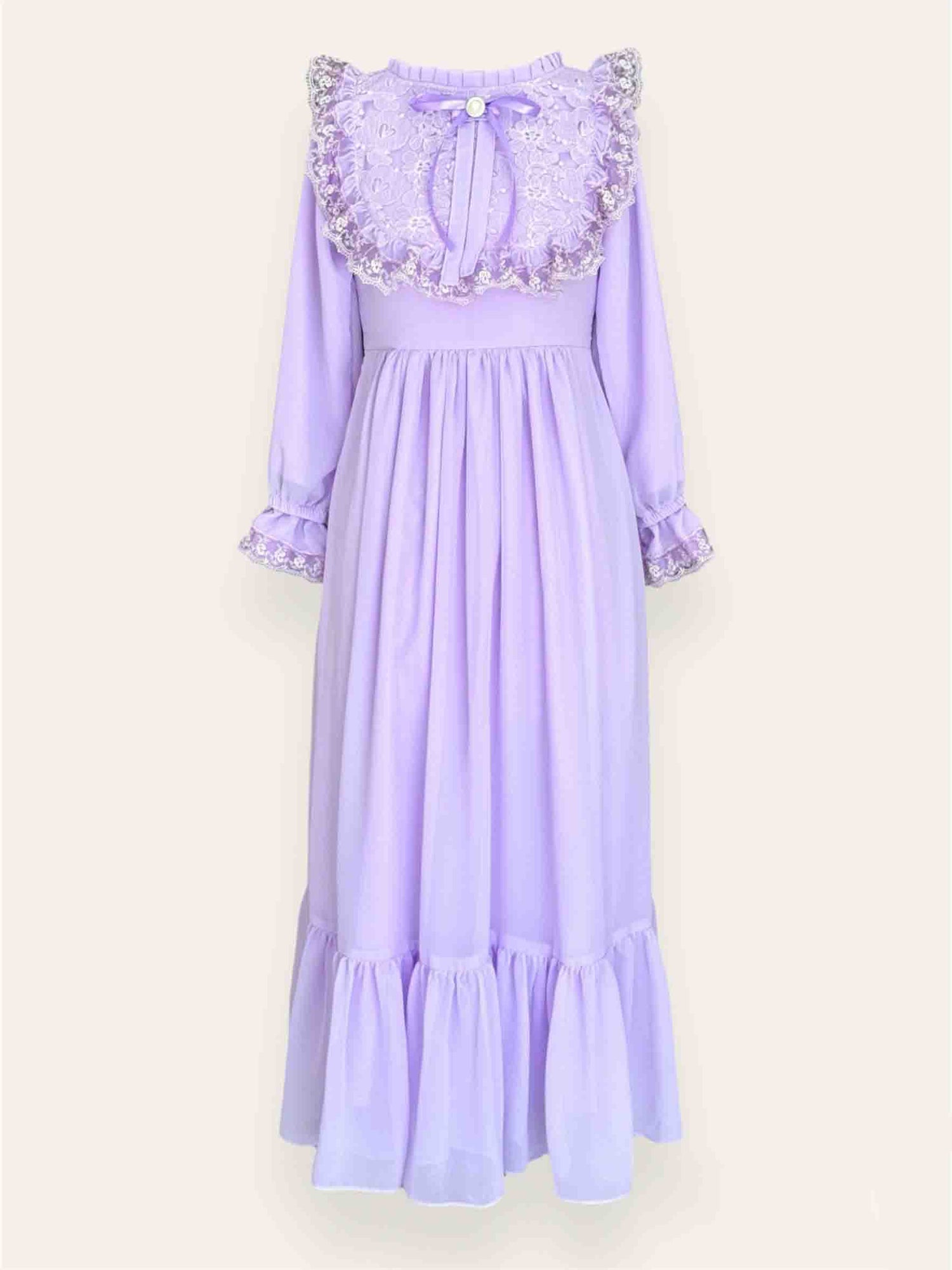 Elegant Iris Lilac Dress with Lace Adorned High Neckline