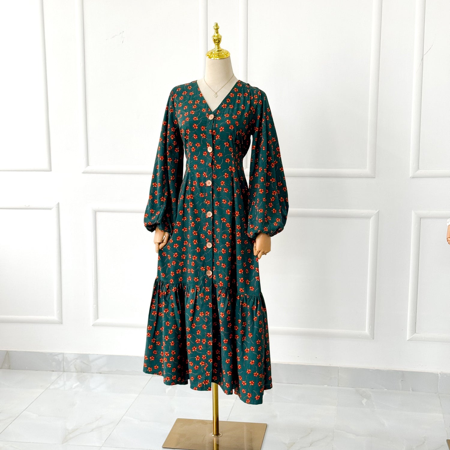 Olive Frilled Long Floral Dress