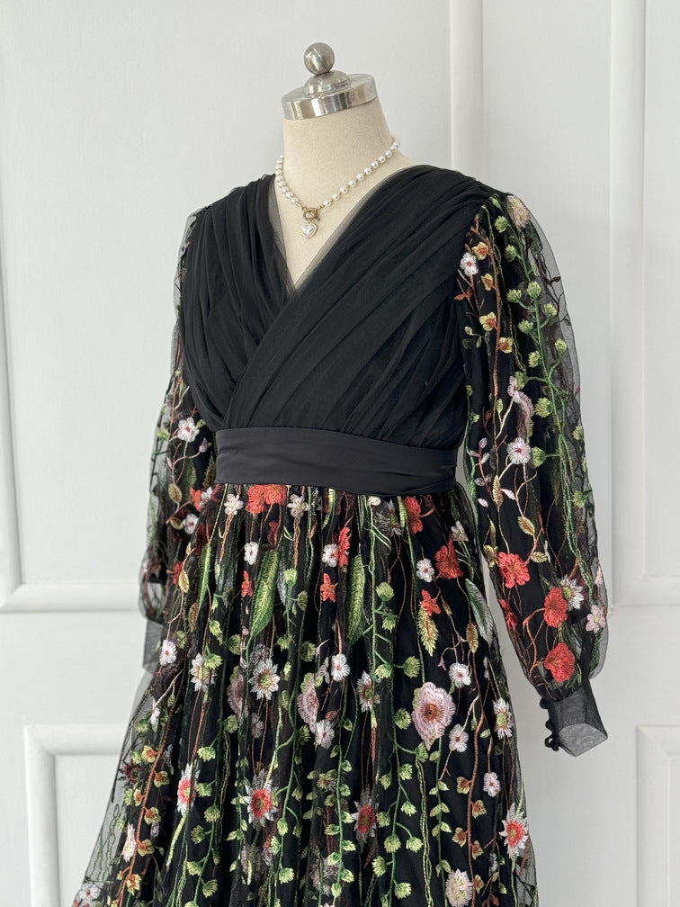 Black Serene Embroidered Long Dress