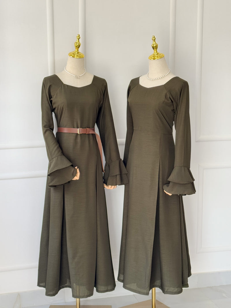 Olive Long Dress with Ruffled Sleeves