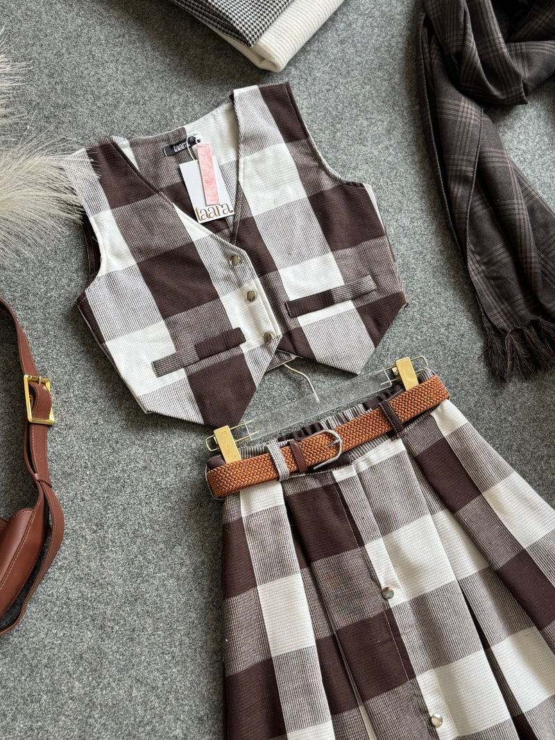 Caramel Two Piece Vest And Skirt Set