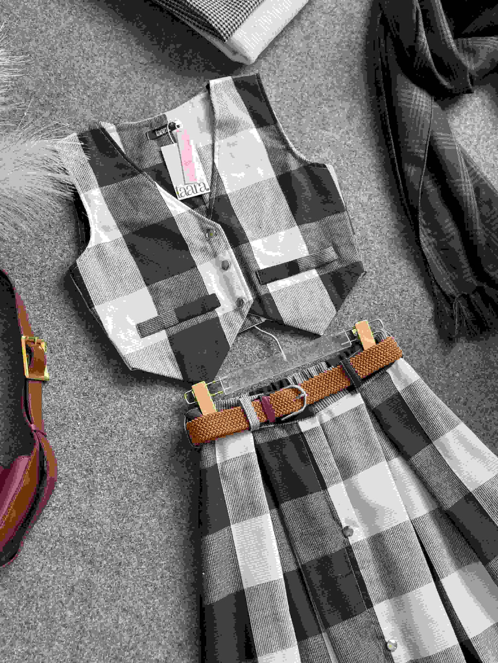 Caramel Two Piece Vest And Skirt Set