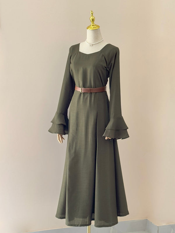 Olive Long Dress with Ruffled Sleeves