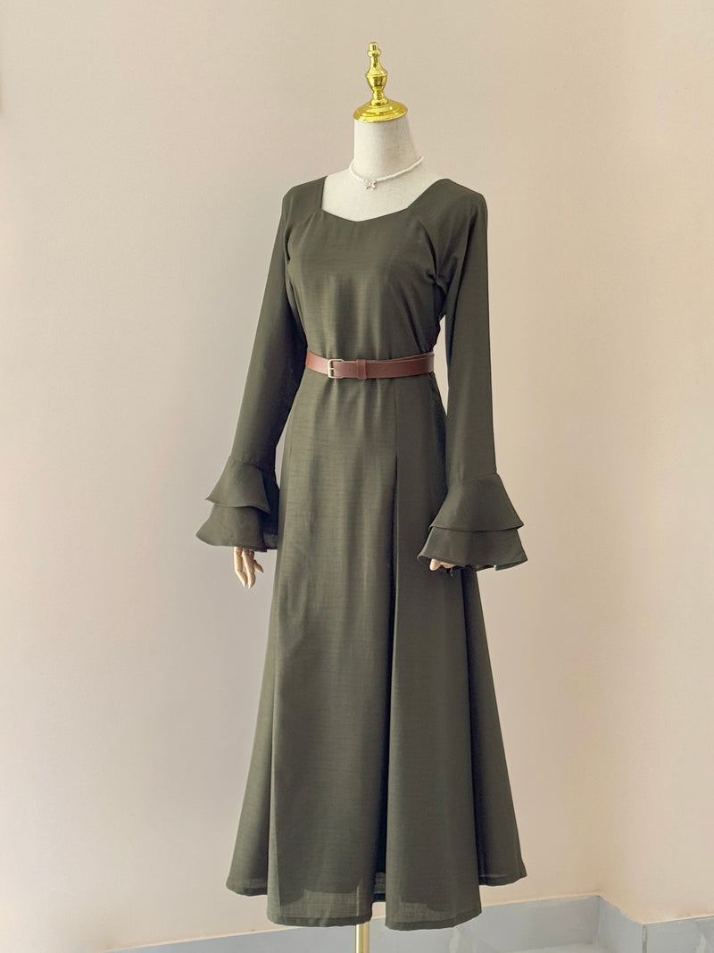 Olive Long Dress with Ruffled Sleeves