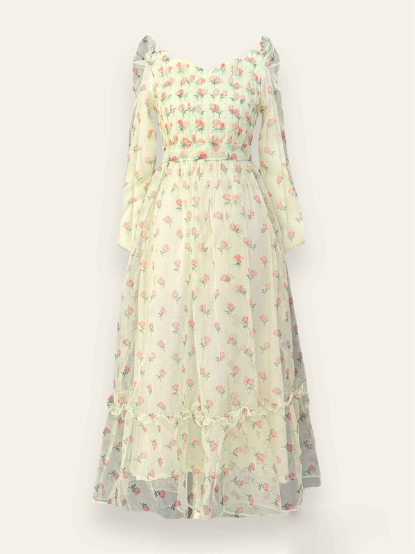 Rose Organza Pleated Body Long Dress