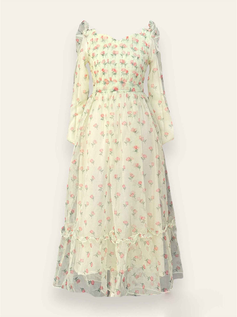 Rose Organza Pleated Body Long Dress