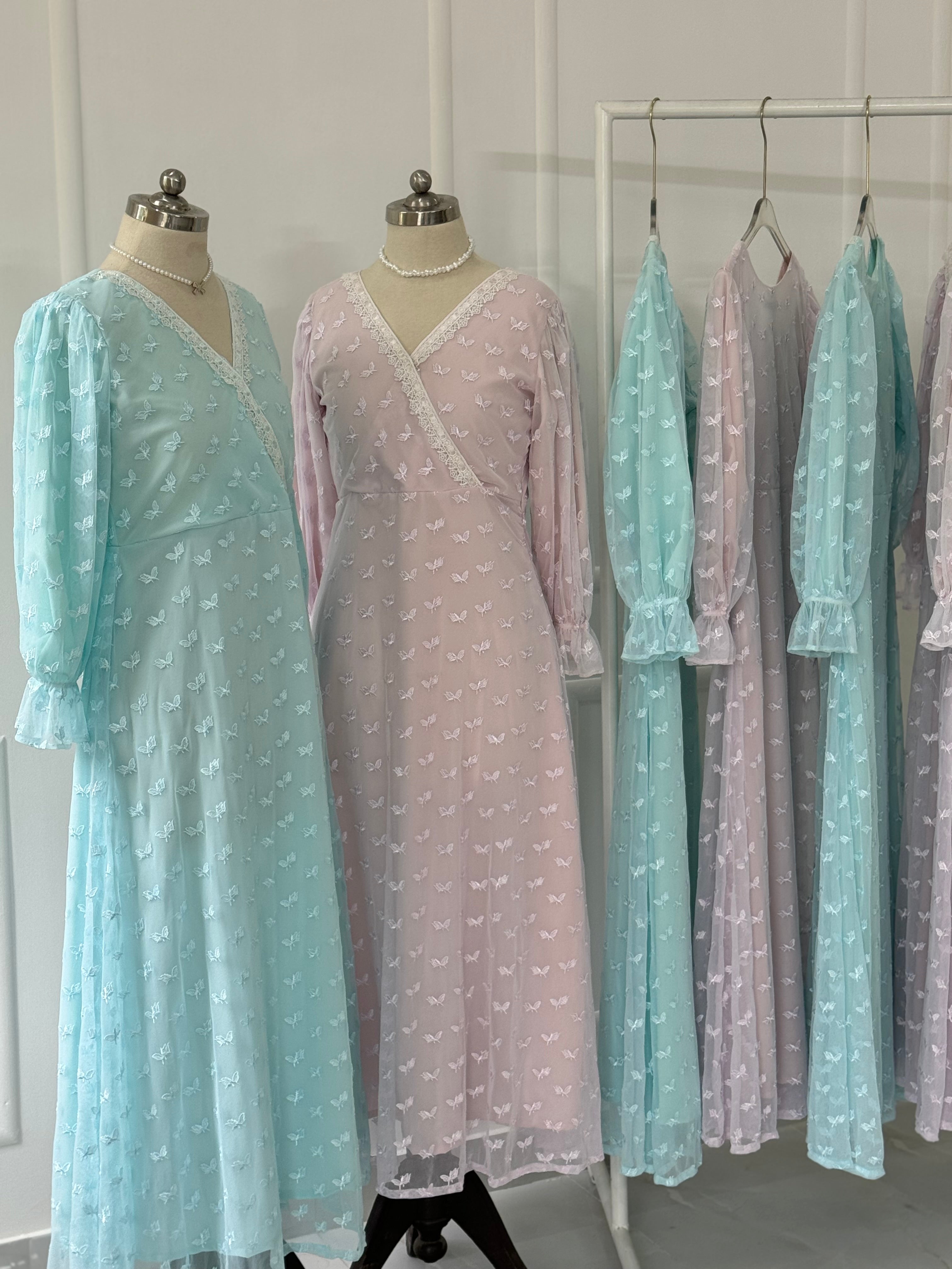 Sky Embroidered Net Long Dress