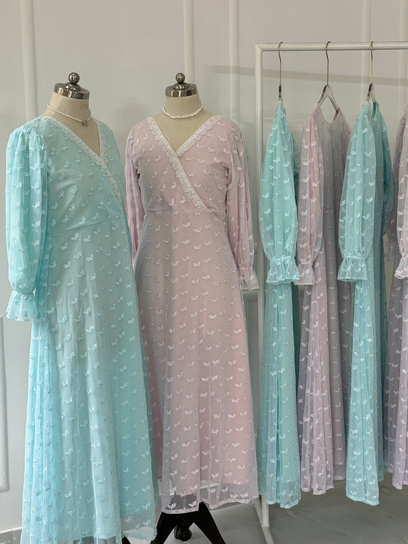 Sky Embroidered Net Long Dress