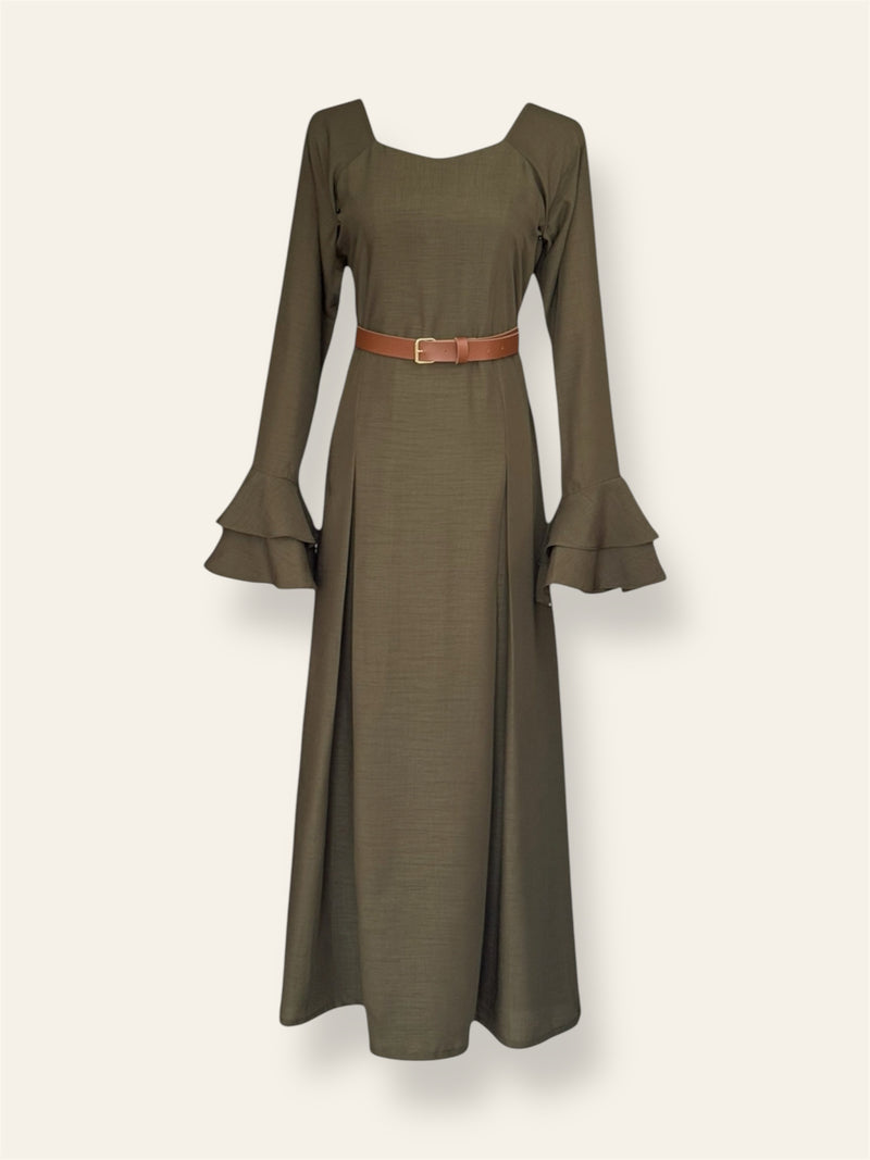 Olive Long Dress with Ruffled Sleeves