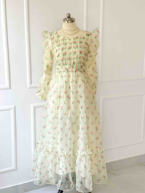 Rose Organza Pleated Body Long Dress