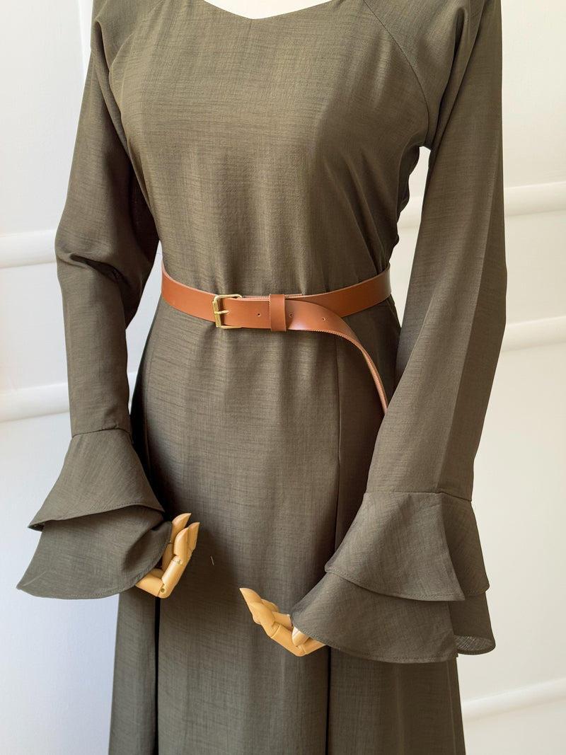 Olive Long Dress with Ruffled Sleeves