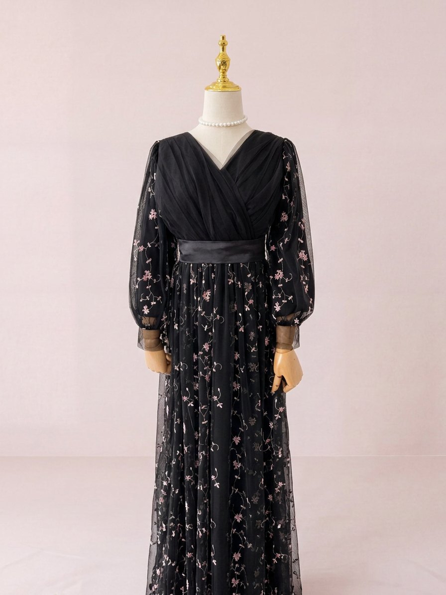Black Serene Long Net Dress