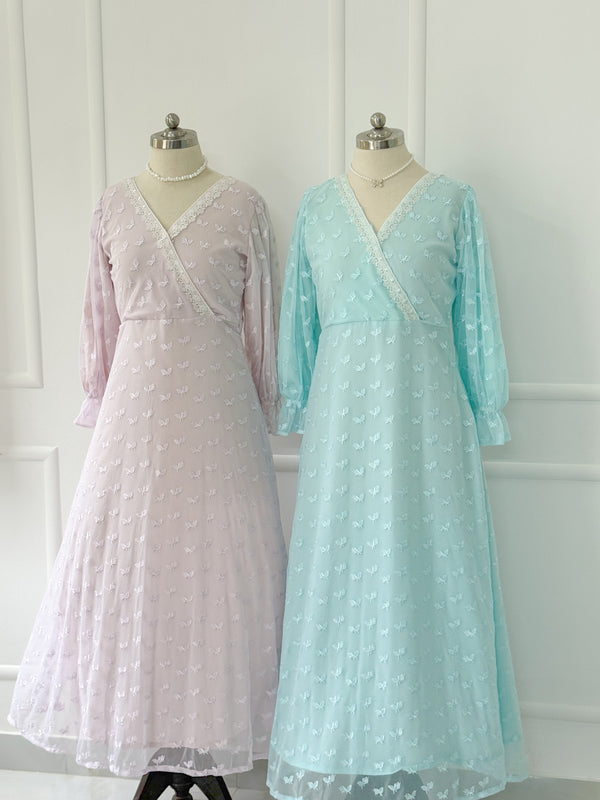 Sky Embroidered Net Long Dress