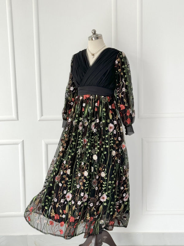 Black Serene Embroidered Long Dress