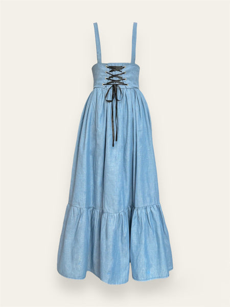 Blue Vintage Skirt with Lace-up Bodice