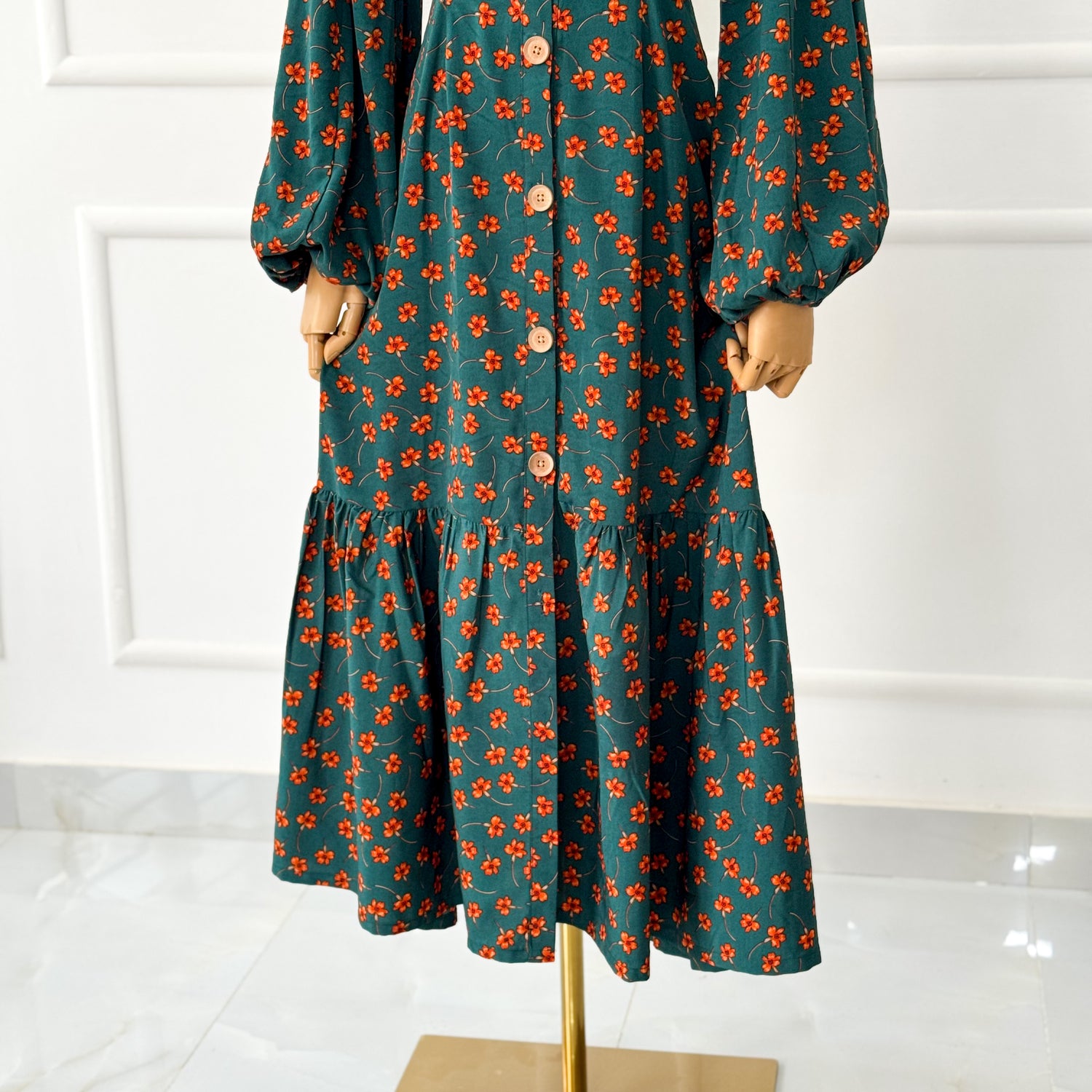 Olive Frilled Long Floral Dress
