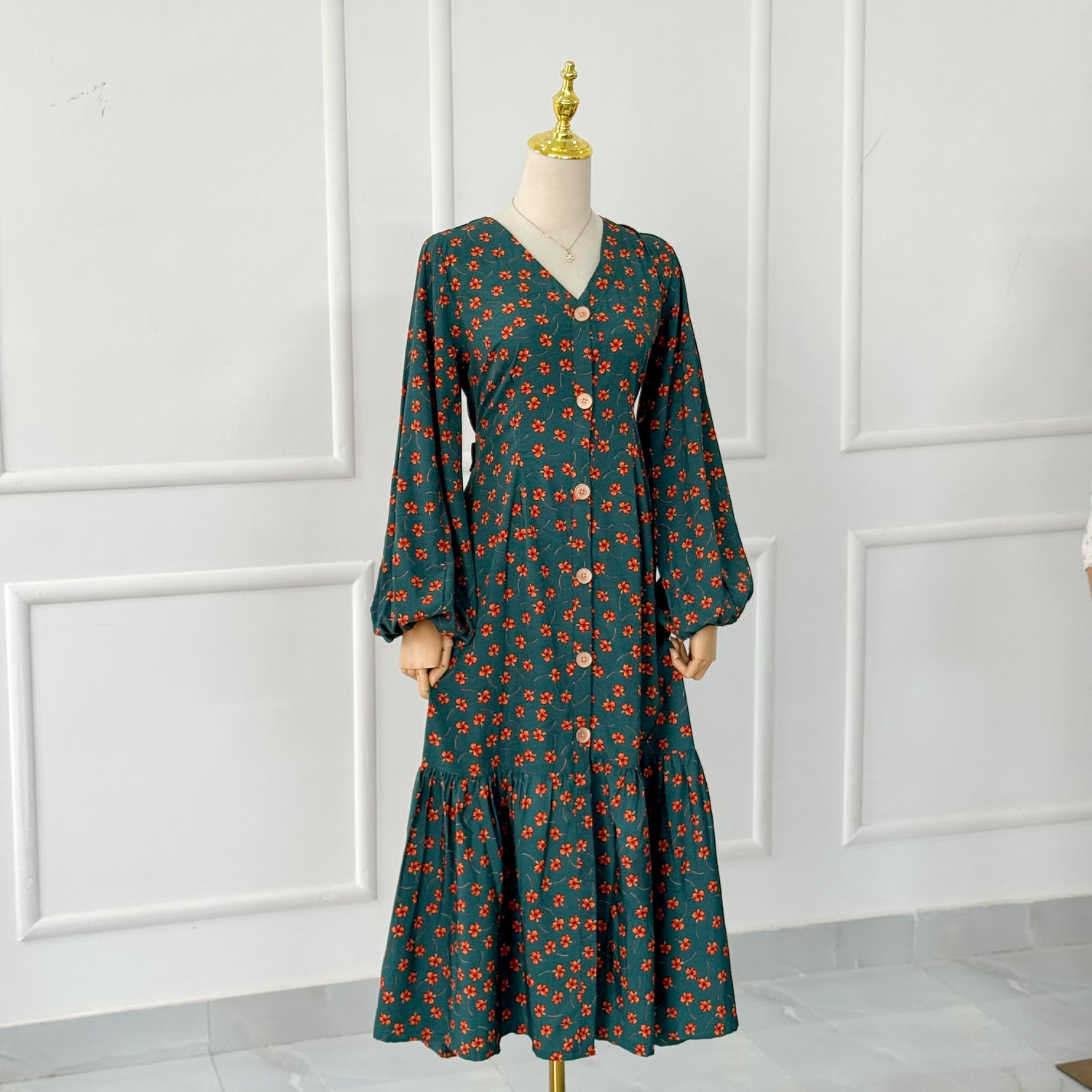 Olive Frilled Long Floral Dress